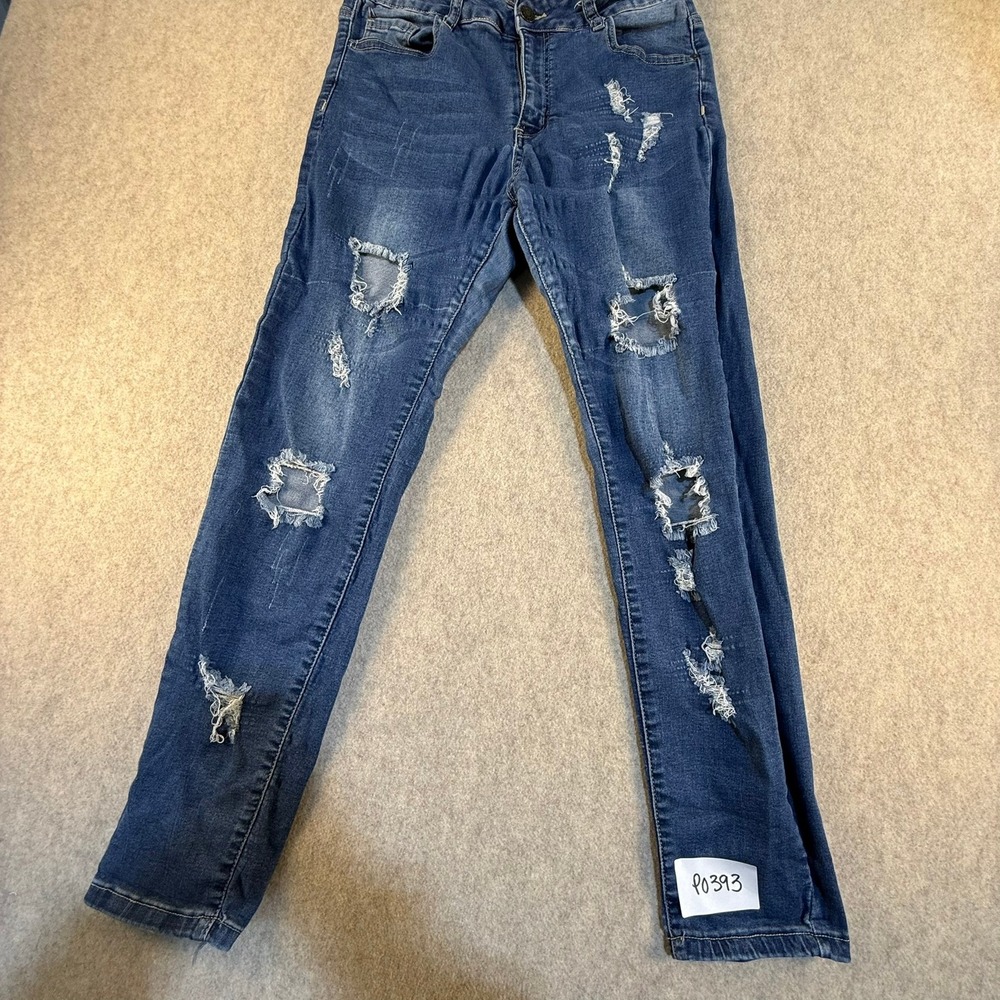Bamboo Jeans Women Size 15 Distressed Ripped Skinny Jeans Medium Wash Blue Denim